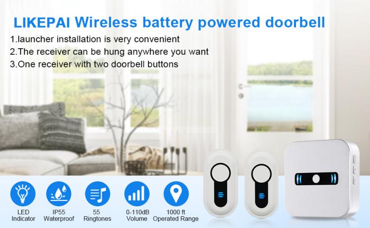 LIKEPAI Wireless Doorbell Battery Powered for Home Battery Operated Door Bell Chime with 1 Portable Receiver 2 Waterproof Push N8G-W Wireless Doorbell 第2张