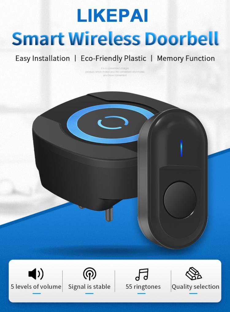 LIKEPAI battery Ring Door Bell Waterproof Wireless Doorbell 300m 55 ringtones EU AU UK US Plug 90V-260V 1 button 1 receiver N92D Wireless Doorbell 第2张