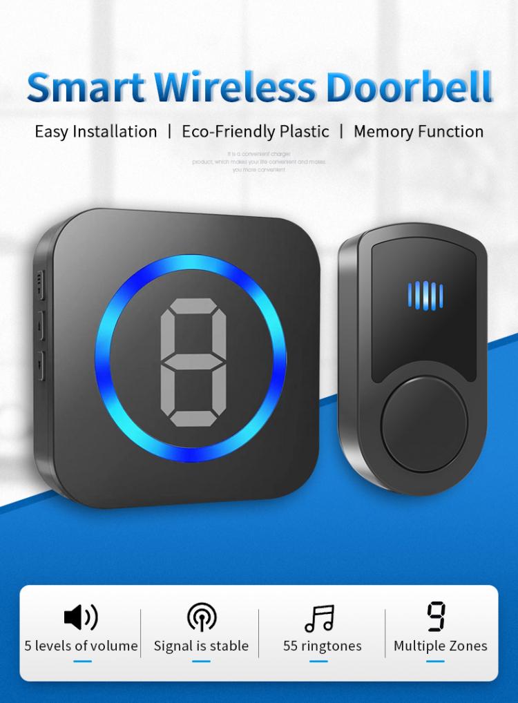 Wireless Doorbell Multi-zone LCD 55 Ringtones US EU UK AC Plug Powered 1 Receiver 1 Battery Transmitter Waterproof Door Bells Wireless Doorbell 第2张