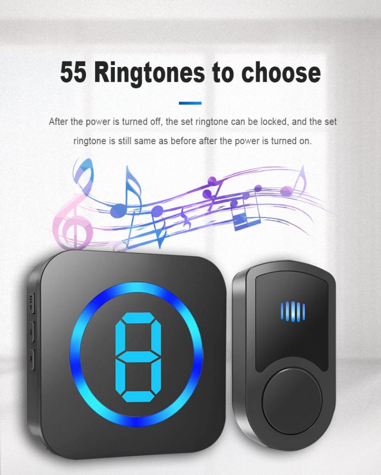 Wireless Doorbell Multi-zone LCD 55 Ringtones US EU UK AC Plug Powered 1 Receiver 1 Battery Transmitter Waterproof Door Bells Wireless Doorbell 第5张