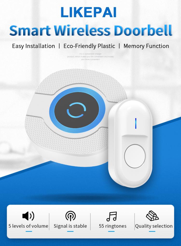 LIKEPAI battery Smart Door Bell Waterproof Wireless Doorbell 300m 55 ringtones EU AU UK US Plug 90V-260V 1 button 1 receiver N92D Wireless Doorbell 第2张