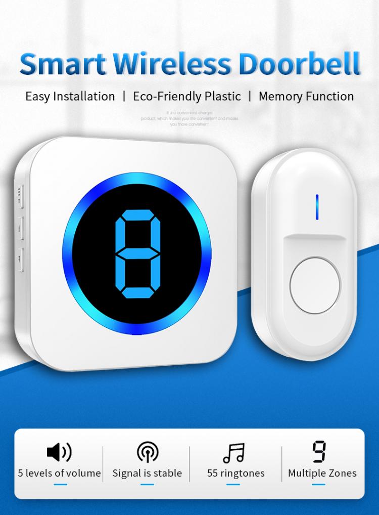 LIKEPAI Multi-zone Digital Display Wireless Doorbell Waterproof 300m Distance AC Plug Outdoor Factory Price 1 Button 1 Receiver Wireless Doorbell 第2张