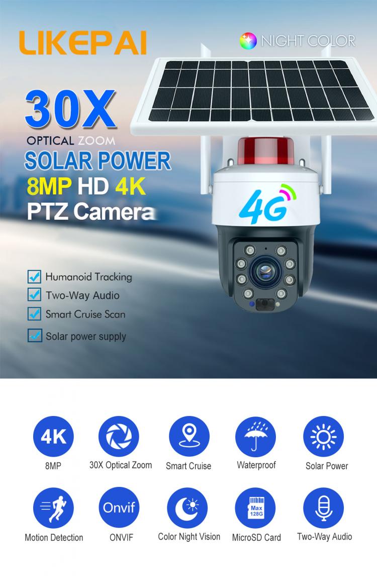 LIKEPAI 8MP 4K 30X Optical Zoom 4G WIFI Wireless Solar Power Outdoor PTZ Camera Night Vision Network IP Infrared Visionable 150m PTZ Camera 第2张