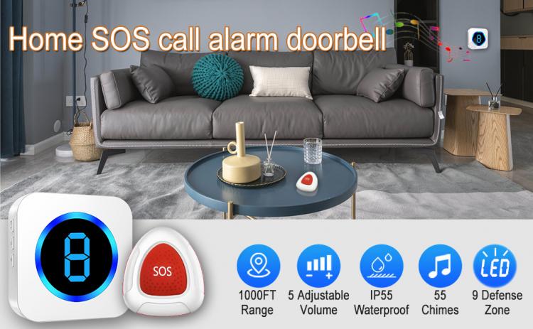 The elderly help button SOS pager emergency help alarm home wireless waterproof multi-zone digital display doorbell 55 ringtones Call Button Transmitter 第9张